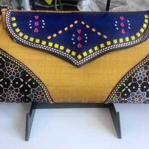 Handcrafted Ethnic Clutch Bag with Kutch Embroidery & Ajrakh